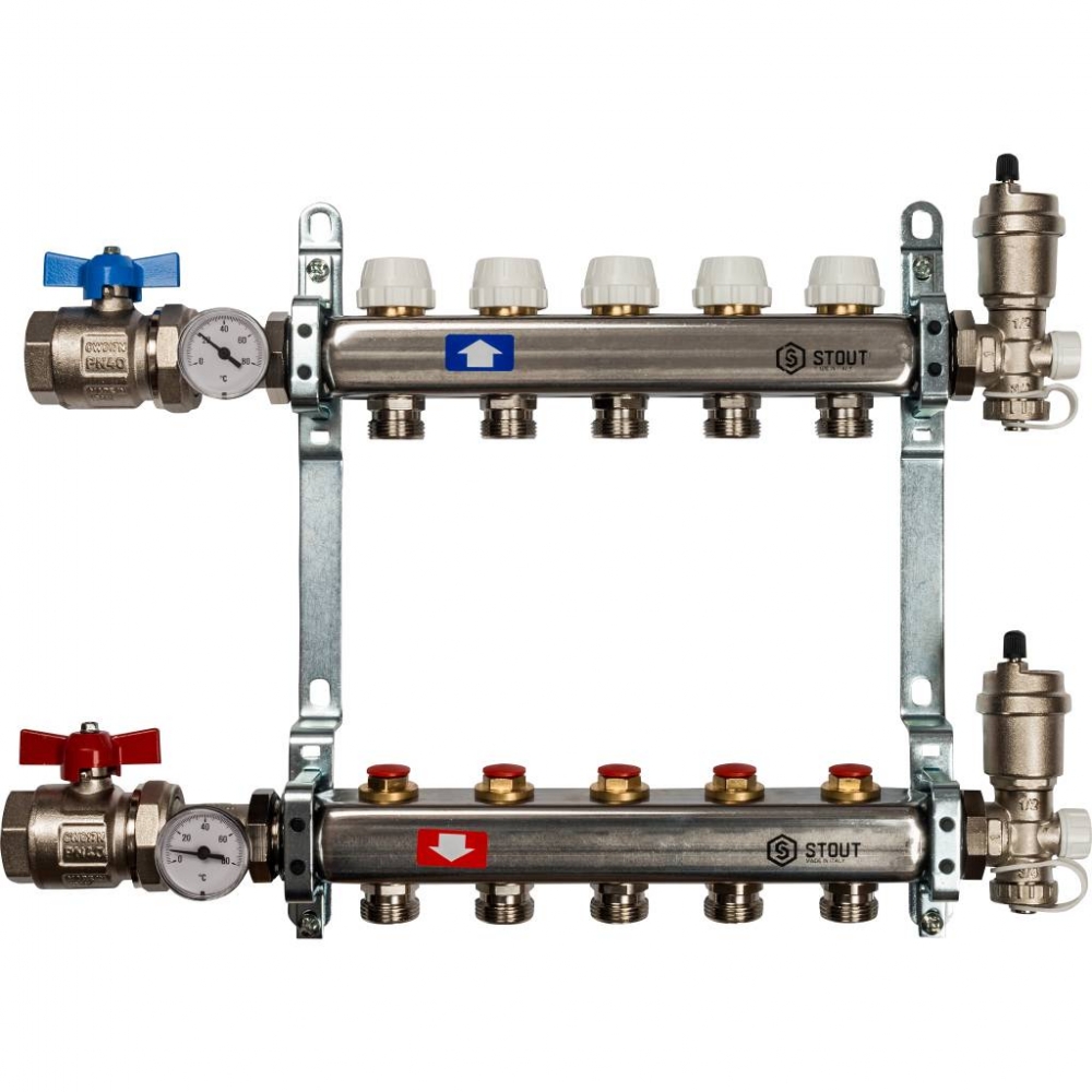 Коллектор из нерж. стали для систем напольного и радиат. отопления с вентилями на 5выходов STOUT /1/